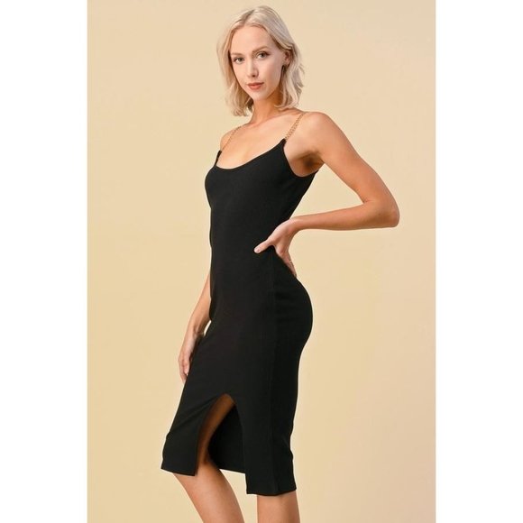 Mila Chain Shoulder Strap Ribbed Midi Dress - Picture 2 of 8